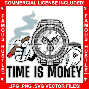 Time Is Money Luxury Watch Cartoon Character Smoking Cigar Tattoo Hip Hop Famous Hustle Cash Hustler Hustling Quote Saying JPG PNG SVG Cut