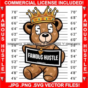 Gangster Teddybär King Dollar Schild Augen Gold Halskette Polizei Mugshot Lineup Famous Hustle Hustling Hustler Trap Rap Hip Hop JPG PNG SVG