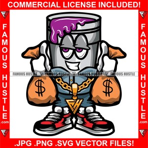 Gángster Lean Purple Drink Collar de oro sosteniendo bolsas de dinero en efectivo usando zapatillas Hustler Boss Hip Hop Trap Plug Rap Art JPG PNG SVG