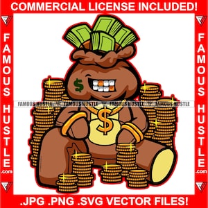 Famous Hustle Gangster Money Bag Head Dollar Sign Gold Necklace Coins Hip Hop Rap Tattoo Trap Street Thug Hustler Art Logo JPG PNG SVG Cut