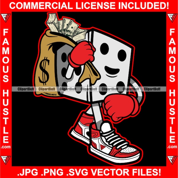 Hustle Dice Cartoon Character Cash Money Bag Tattoo Hip Hop Rap Rich Rapper Dope Baller Trapper Gangster Street Lit Art Logo JPG PNG SVG Cut