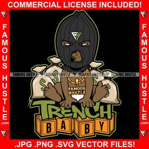 Trench Baby Gangster Ski Mask Gold Teeth Collar Money Bag Hustler Rap Hip Hop Trap Plug Gang Member Ghetto Hood Logo JPG PNG SVG