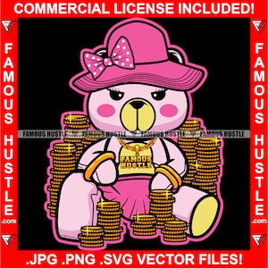 Rosa Teddybär Breit Krempe Mütze Schleife Gold Halskette Gold Münze Rich Hustle Savage Hustler Frau Dame Mädchen Rap Hip Hop Logo JPG PNG SVG Cut