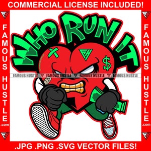 Who Run It Gangster Heart Gold Teeth Cartoon Character Scar Face Cash Money Tattoo Hip Hop Rap Plug Trap Hood Thug Logo JPG PNG SVG Cut File