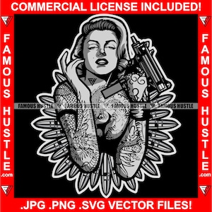 Super Hot Badass Woman Uzi Machine Gun Tattoos Bullet Designer Fashion Trend Lady Bad Girl Rap Hip Hop Female Glamour Gangster JPG PNG SVG