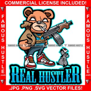 Echt Hustler Gangster Teddy Bär Smoking Machine Gun Geld Geldtasche Schmuck Scared RatTe Hip Hop Rap Steet Thug Trap Plug Logo Art JPG PNG SVG