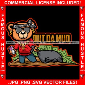 Out Da Mud Gangster Teddybär Bandanna Draging Cash Money Bag Lean Purple Drink Hip Hop Rap Rapper Trap Plug Kapuze Art Jpg PNG SVG Cut File