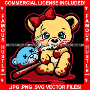 Niedliche Weibliche Gangster Teddybär Fledermaus Mädchen Horror Dead Head Blood Woman Lady Smoking Mafia Mob Boss Trap Tattoo Thug Cartoon Art JPG PNG SVG