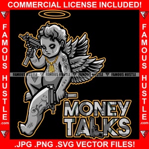 Money Talk Dämon Engel Statue Flügel Halo Gold Kette Machine Gun Tattoo Rapper Dope Baller Trapper Street Thug Art Logo JPG PNG SVG Cut File