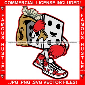 Hustle Dice Cartoon Character Holding Cash Money Bag Sneakers Tattoo Hip Hop Rap Hustler Hustling Gangster Street Art Logo JPG PNG SVG Cut