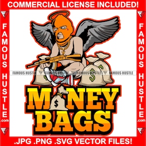 Money Bags Gangster Baby Ski Mask Angel Wings Halo Machine Gun Cash Thug Hustle Street Trap Hustling Cartoon Character Logo JPG PNG SVG Cut