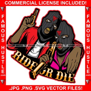 Gangster Paar Ski Maske Halten Guns Ride Or Die Savage Gang Mitglied Hustler Hustling Rap Hip Hop Trap Plug Art Logo JPG PNG SVG Cut