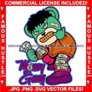 Geld Gang Gangster Hustle Teddybeer Spreading Cash Money Spread Gold Teeth Rap Hip Hop Hood Ghetto Trap Plug Hustler Art JPG PNG SVG Cut