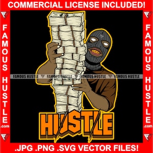 Hustle Gangster Ski Mask Huge Cash Money Stack Gold Teeth Glowing Eyes Hustler Trap Hood Thug Gang Street Cartoon Character Art JPG PNG SVG
