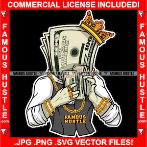100 Bill Money King Usando Traje Oro Joyas Cash Savage Street Grind Hustler Trap Plug Gangster Rap Trap Plug Hip Hop Logo JPG PNG SVG Cut