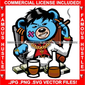 Gángster Oso de peluche Cicatriz Cara Traje retro Fumar cigarro Beber alcohol Dinero en efectivo Pilas Hustler Rap Hip Hop Trap Plug JPG PNG SVG