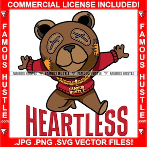 Herzloser Gangster Teddy Bär Gestickte Augen Aufnäher Gold Halskette No Heart Savage Hustler Trap Plug Rap Hip Hop Logo JPG PNG SVG Cut File