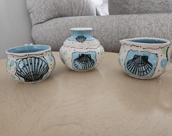 Hand Painted Pottery Sugar, Creamer and Cup Set