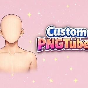 May include: Digital illustration of a faceless avatar with a light skin tone, shoulders, and chest. The background is pink with small yellow stars and the text "Custom PNGTuber" in a colourful, outlined font.