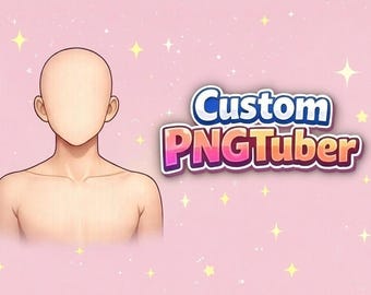 May include: A digital illustration of a faceless avatar with a light skin tone, shoulders, and chest. The background is pink with small yellow stars and the text "Custom PNGTuber" in a colorful, outlined font.
