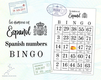 Los números en Español Bingo - Printable Spanish numbers bingo game for teachers, parents - 24 cards, markers, call sheet, instructions PDF