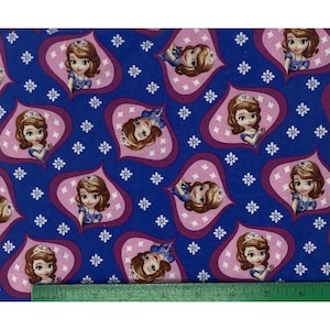Peut inclure: Tissu bleu avec un motif répété d'une princesse de dessin animé portant une tiare, insérée dans des formes roses et violettes. Des accents de fleurs blanches sont dispersés dans le motif. Une règle verte est en bas.