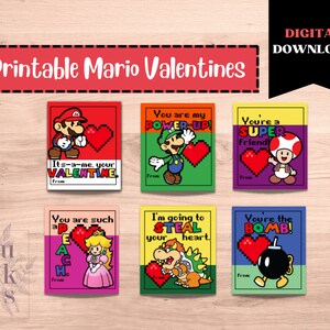 Afdrukbare Mario Valentines for kids klasuitwisseling, je jongen of meisje zal er dol op zijn! Mario, Luigi, Bowzer, Princess Peach, Toad en bobomb