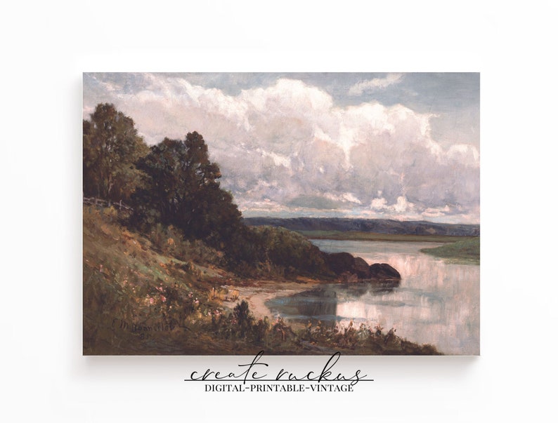 River Landscape Oil Painting, muted colors, vintage art, digital download, printable, No 1. image 4