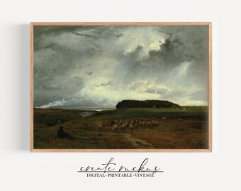 Vintage Landscape Painting with Sheep Grazing and a Beautiful Sky | Downloadable Printable Digital Print | Great any room cottagecore style.