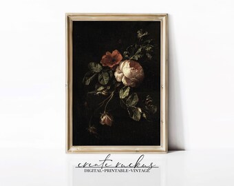 Vintage Rose Oil Painting Print: Moody Cottagecore Art (Digital Download)