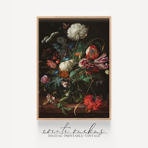 Moody Vintage Floral Still Life with Butterflies and Bee | Digital Download | Antique wall art | Eclectic art Vintage art floral print