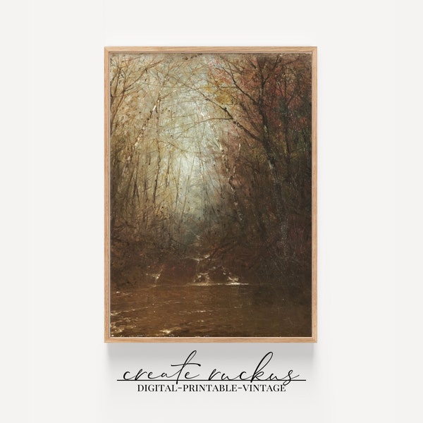 Vintage Oil Painting of a Little Stream in Woods | Antique Art | Printable Wall Art | Brown Tones | Warm Colors | Budget Friendly | Rustic
