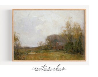 Vintage Farmhouse Oil Painting Print: Muted Country Landscape (Digital Download)