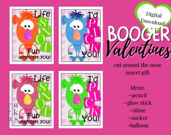 Booger Valentines printable for kids | Slime Valentine Printable | Pick Nose Valentine | Valentine cards funny | PDF Download | Class
