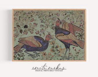 Antique Painting with Birds | Printable Wall Art | Boho | eclectic | Country | Traditional | Victorian | Maximalist | Colorful | Old world