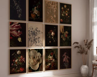 Moody Floral Print Set, Dark Vintage Botanical Gallery (Digital Download)