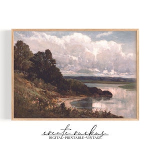 River Landscape Oil Painting, muted colors, vintage art, digital download, printable, No 1. image 1
