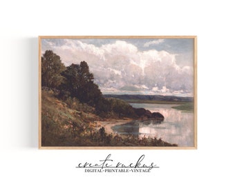 River Landscape Oil Painting, muted colors, vintage art, digital download, printable, No 1.