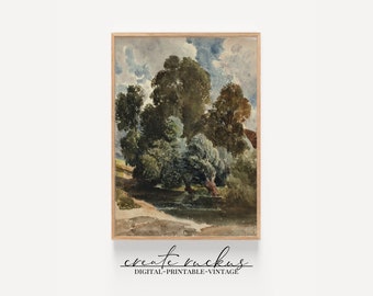 Muted Green Tree Landscape Painting: Vintage Farmhouse Art (Digital Download)