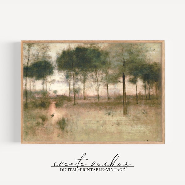 Moody Landscape Vintage Painting | PRINTABLE | Muted colors | green Trees and a bird