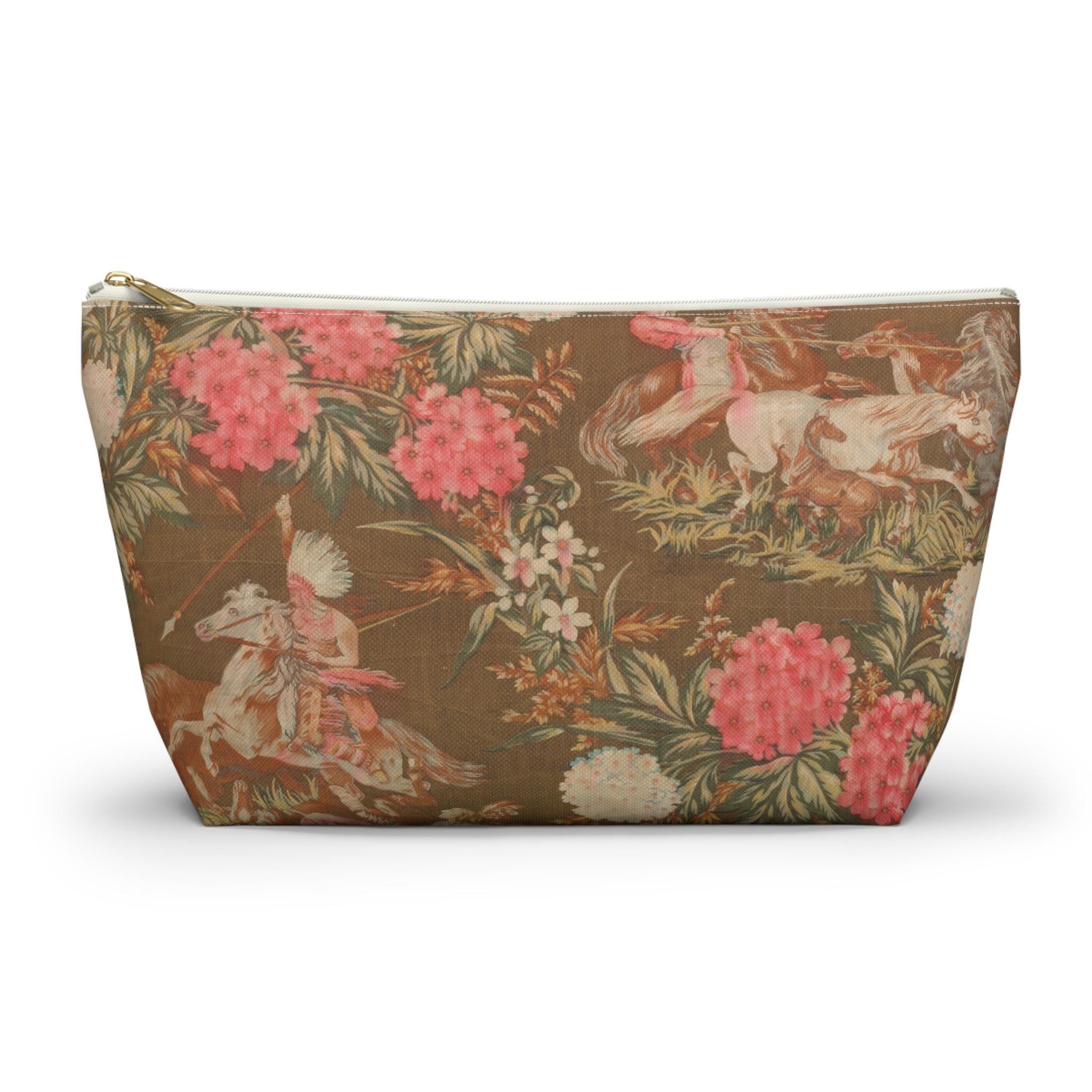Vintage Floral Accessory Pouch, Boho Makeup Bag, Travel Organizer, Horse Theme Gift, Rustic Design for adventurers worn textile print,