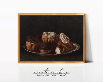 Vintage Pastries Still Life Print: Moody Kitchen Art Digital Download