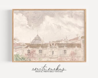 Vintage Watercolor of a Building | Architectural Art | Muted Colors | Soft tones | Living room art | Girls Room | Budget Friendly | neutral