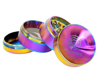 Herb Grinder, Grind Eeze Herb Grinder, Rainbow Color Finish, Tobacco Grinder, Concaved Top, 4 Sizes Available