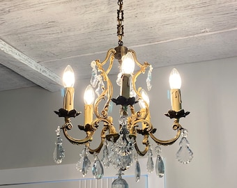 Antique Chandelier, France Vintage Crystal, Brass Light, ceiling Elegant Lighting 1920's