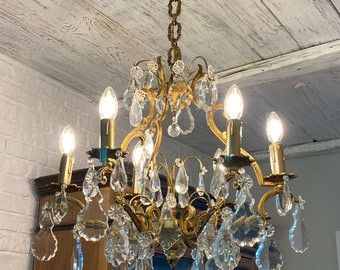 Gorgeous Antique ceiling Chandelier, 6 arms France Vintage Crystal, Brass Lighting mid XX