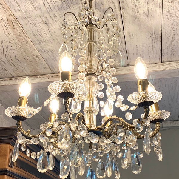 Antique French Crystal Chandelier Bronze! France around 1930's Vintage Antique 6 arms ceiling Light