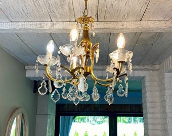 Antique Crystal Chandelier France, brass 5 arms Vintage Light, ceiling Lighting, 1960