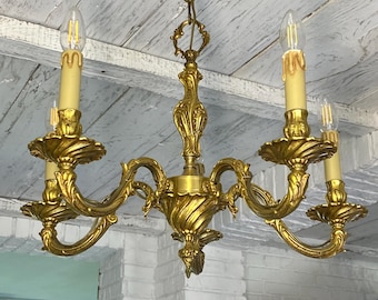 Antique Chandelier Brass France, 5 lights Vintage Light, ceiling Lamp 1940's