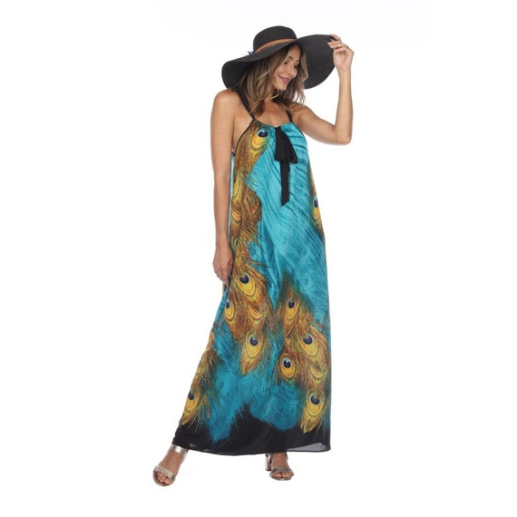 Unique Peacock Pattern Striped Print Deep V Loose Maxi Dress